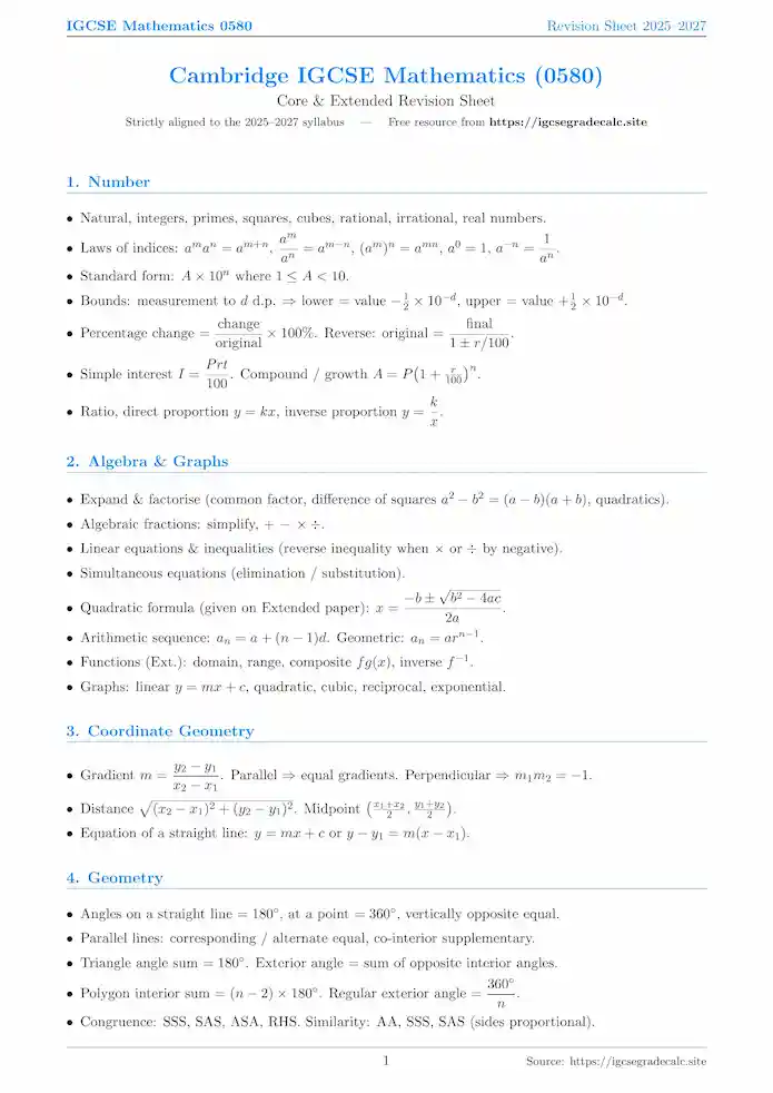 IGCSE Mathematics Revision Sheet